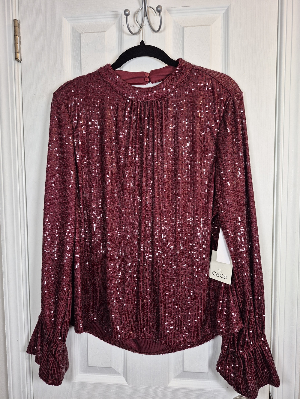 CeCe NWT Burgundy Sequin Mock Neck Keyhole Back Ruffle Cuff Party Top XL